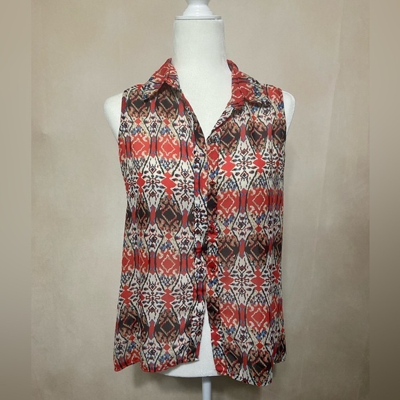 Sans Souci women's S semi sheer sleeveless artsy boho print button back top GUC - Picture 2 of 7